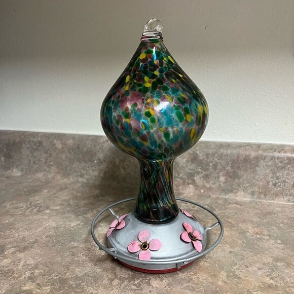 Hummingbird Feeder by Grateful Gnome - Large Hand Blown Stained Glass Feeder - Picture 1 of 4
